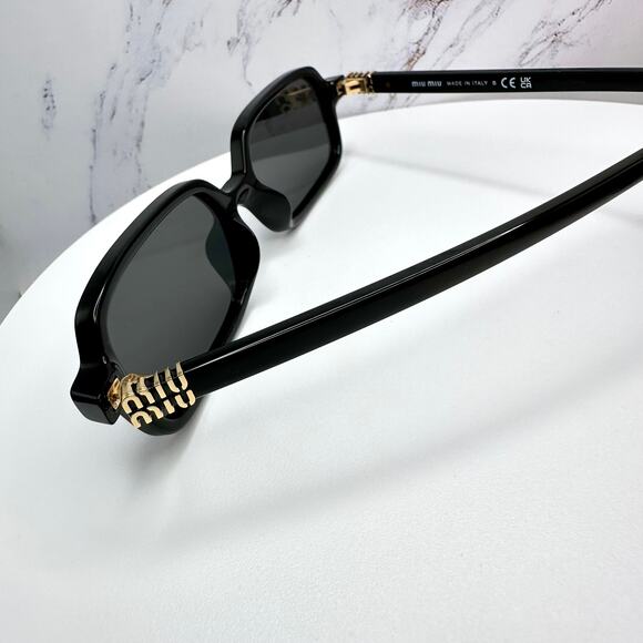 MIU MIU Sunglasses New Black Square Rectangle Acetate Gold Metal Logo Authentic - Picture 14 of 16
